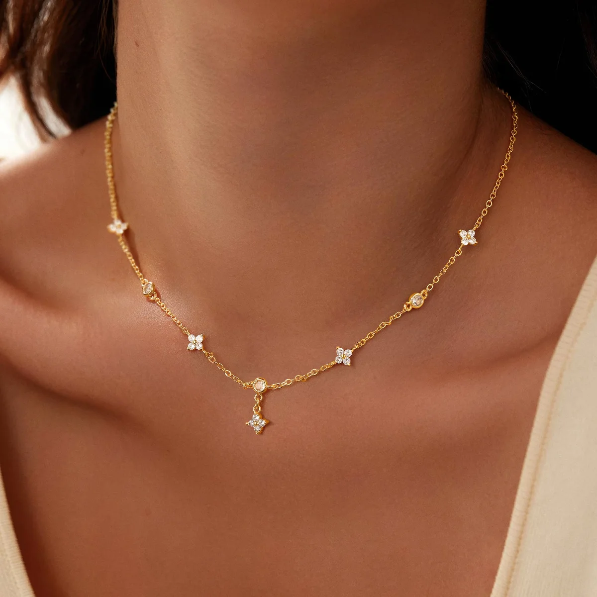 Yoosteel Four leaf clover CZ necklace, Gold
