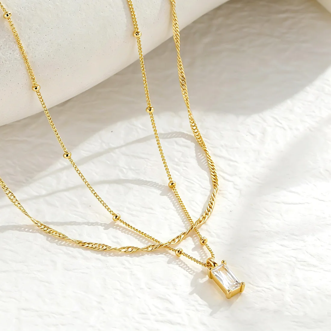 Yoosteel Rectangle CZ necklace stack, Gold, view 3