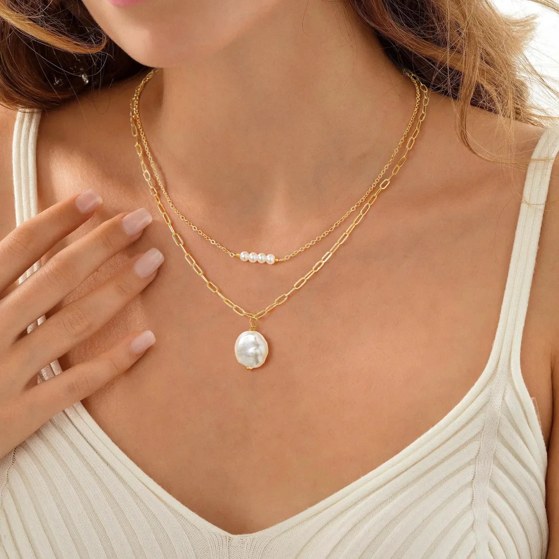 Yoosteel Layered baroque pearl necklace, Gold, view 3