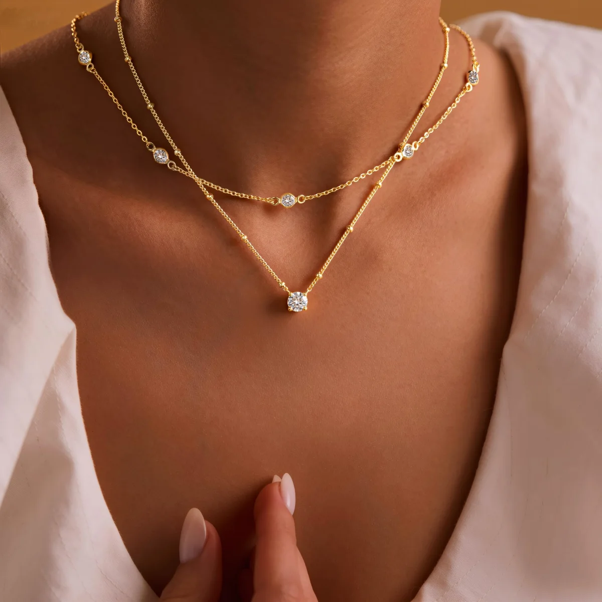 Yoosteel Round CZ necklace stack, Gold