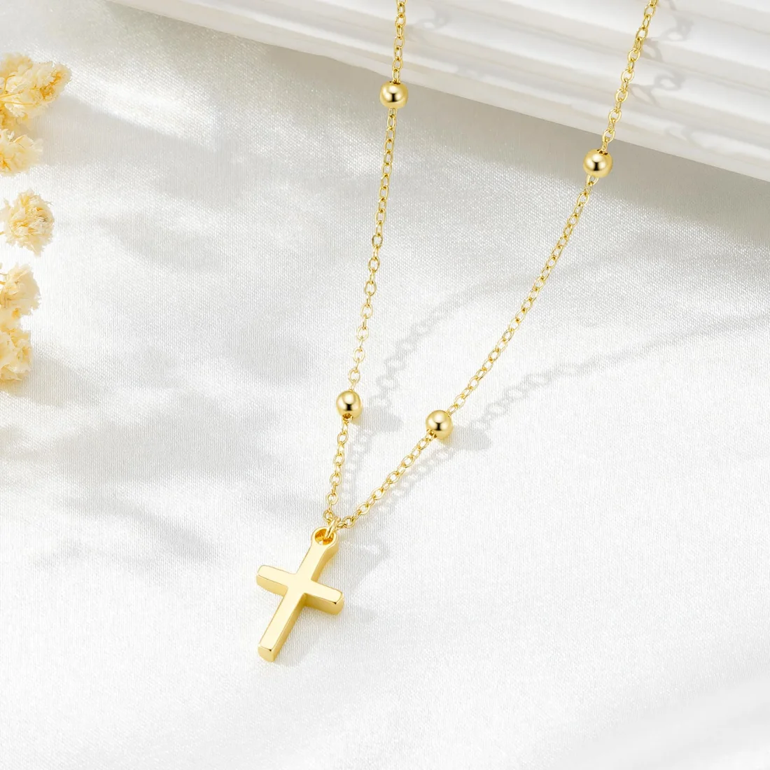 Yoosteel Beaded chain cross necklace, Gold, view 3