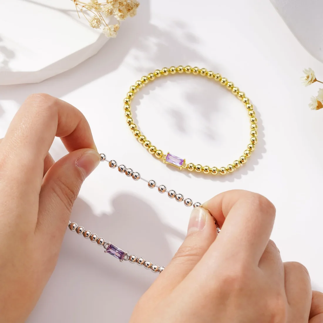 Yoosteel Birthstone beaded bracelet stack, Silver, view 3