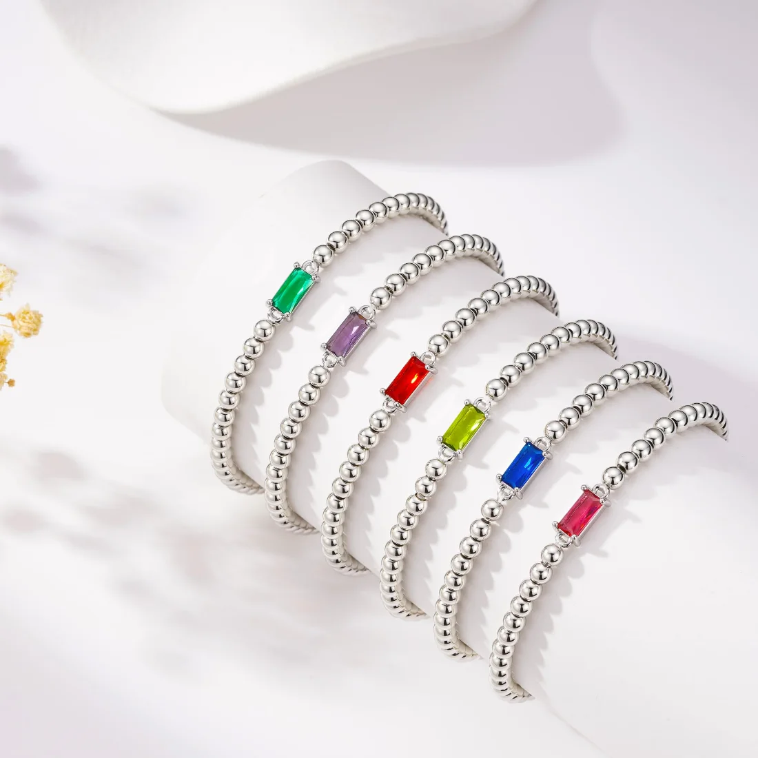 Yoosteel Birthstone beaded bracelet stack, Silver, view 4