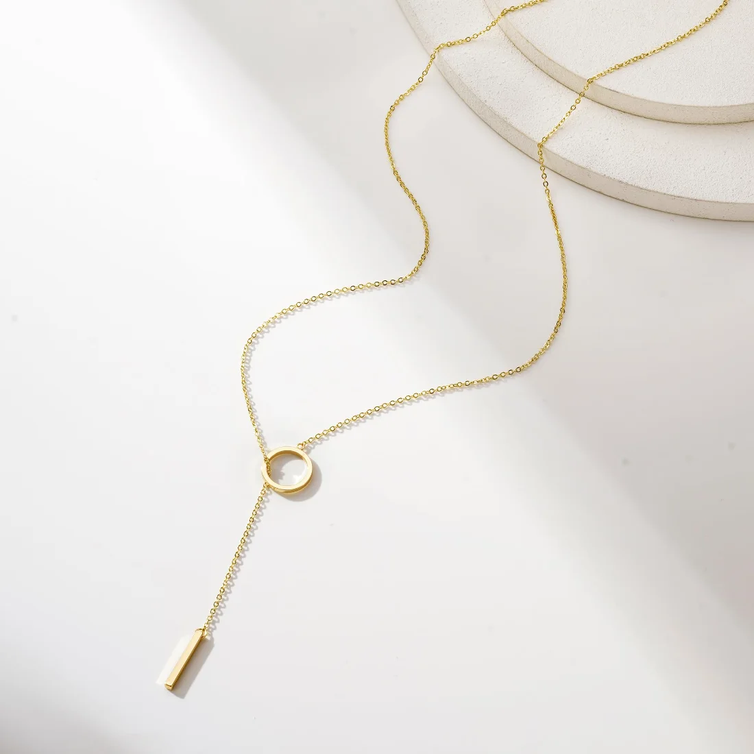 Yoosteel Circle and long bar lariat necklace, Gold, view 3