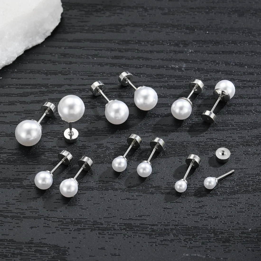 Yoosteel Pearl flat back stud set, Silver, view 2