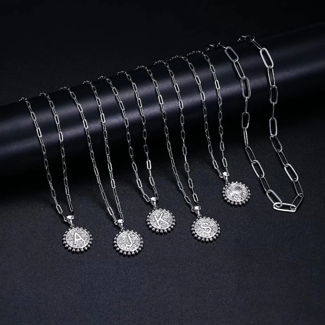 Yoosteel Paperclip coin initial necklace, Silver, view 2