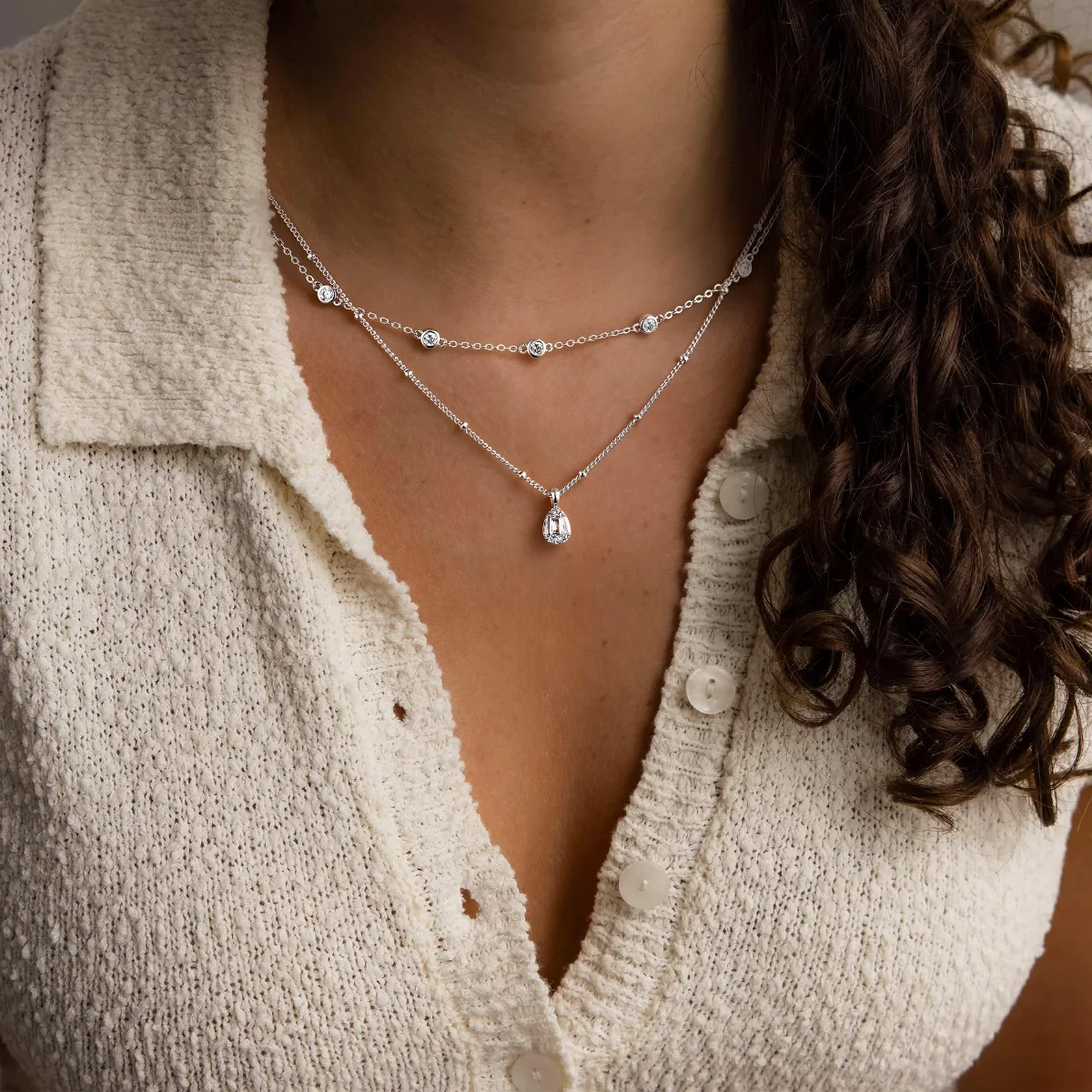 Yoosteel Teardrop CZ necklace stack, Silver
