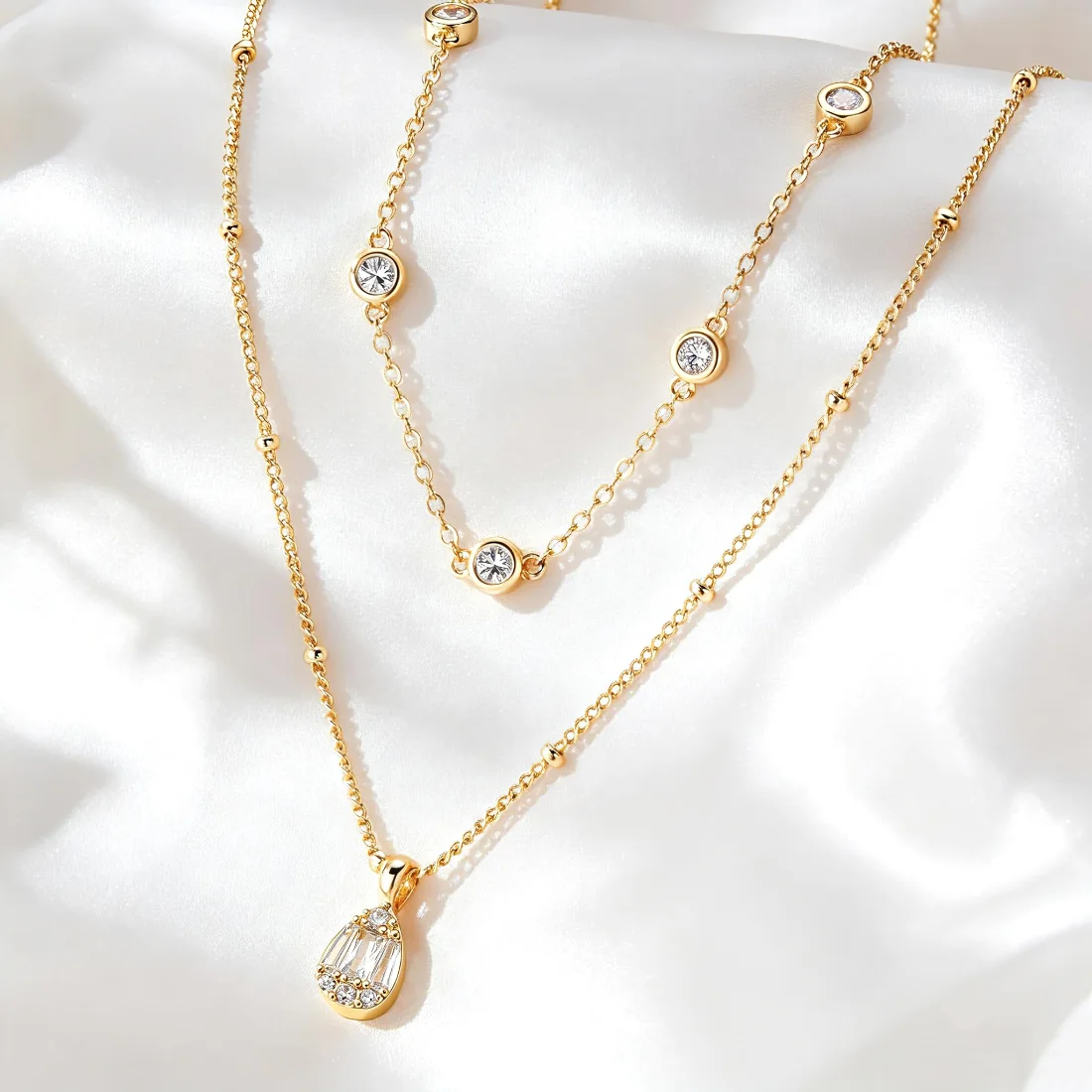 Yoosteel Teardrop CZ necklace stack, Gold, view 3
