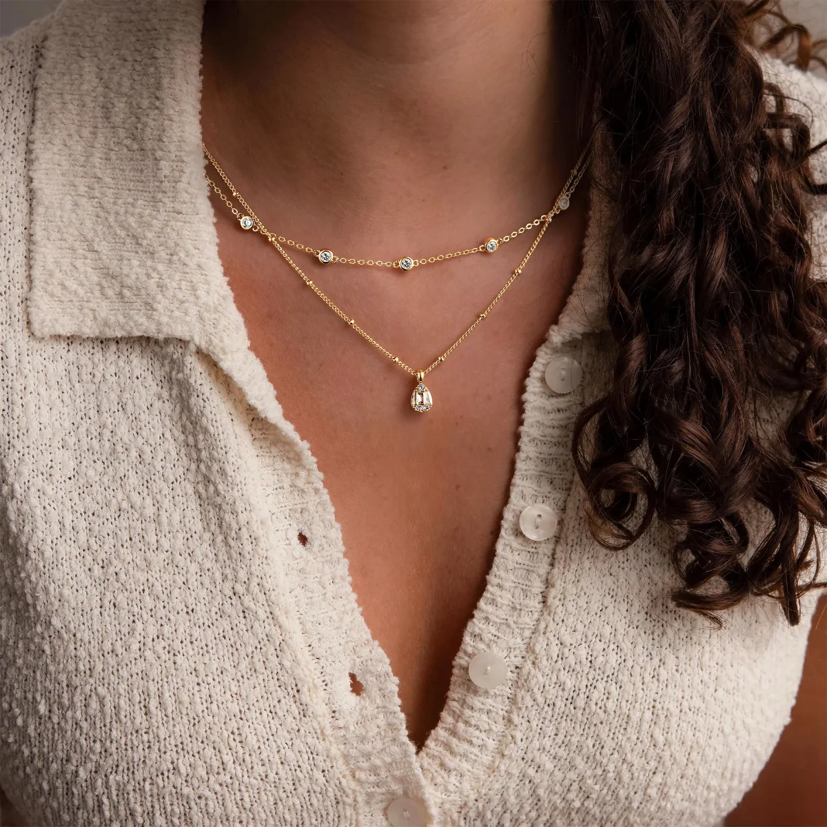 Yoosteel Teardrop CZ necklace stack, Gold