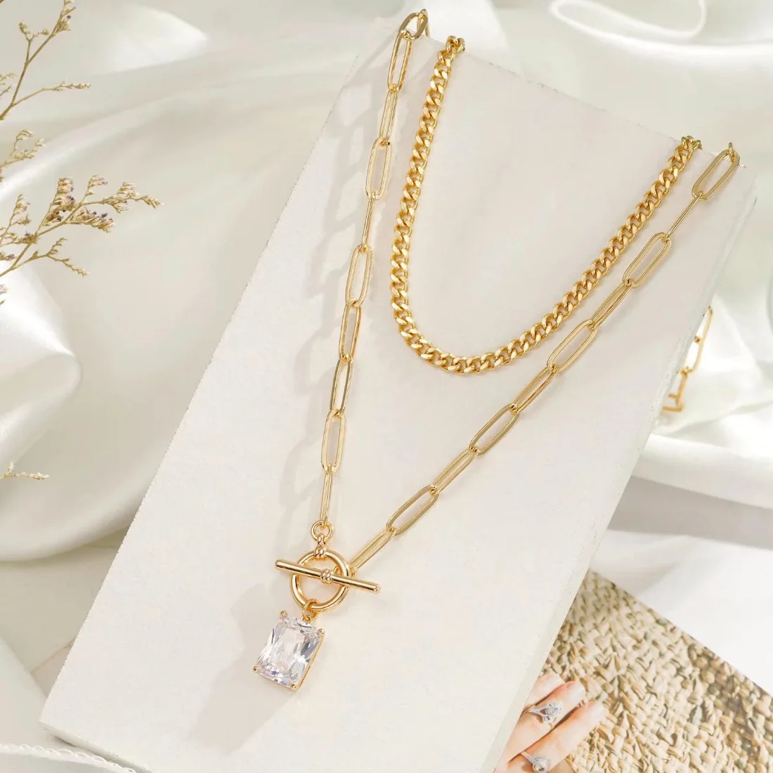 Yoosteel Crystal CZ toggle layered necklace, Gold, view 5