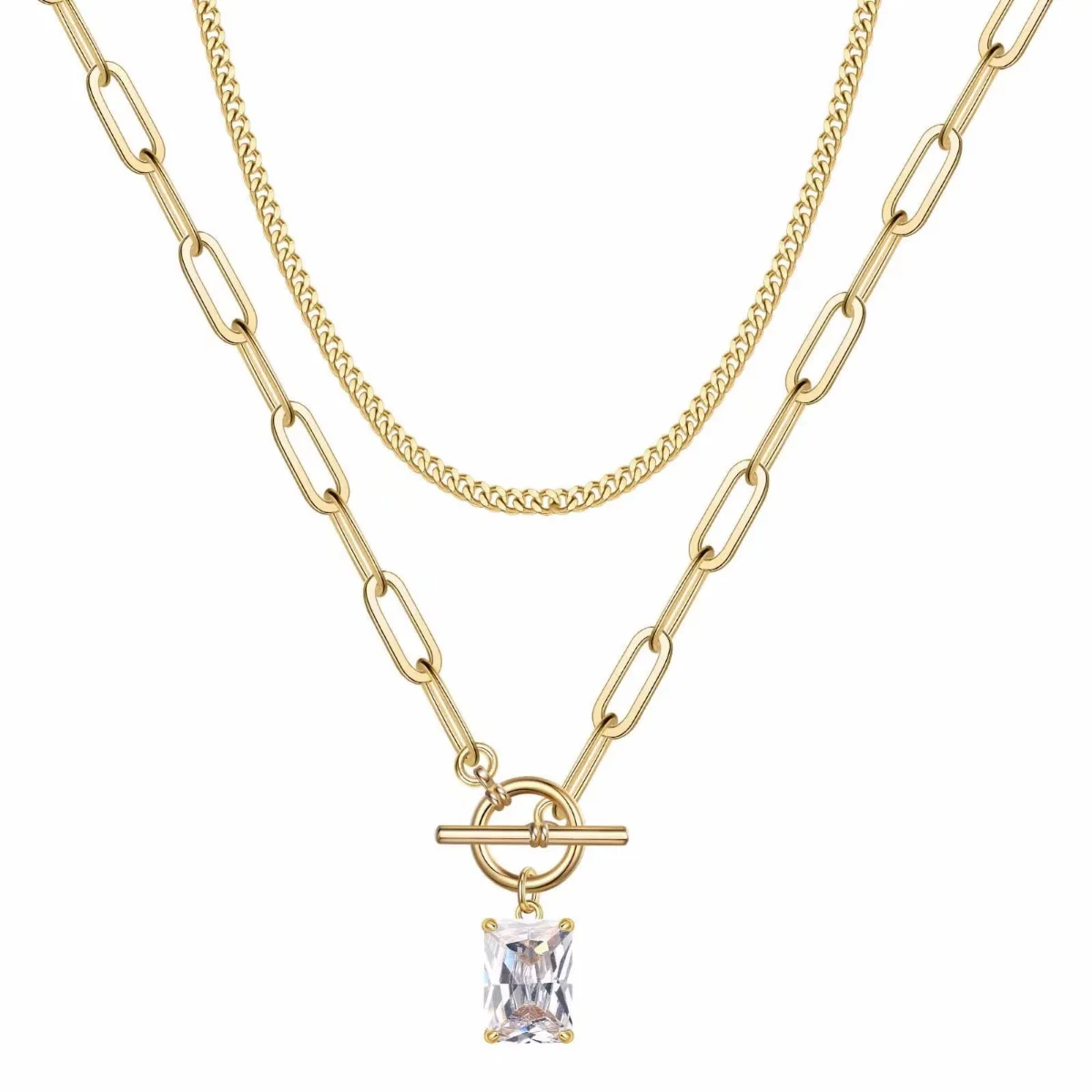 Yoosteel Crystal CZ toggle layered necklace, Gold