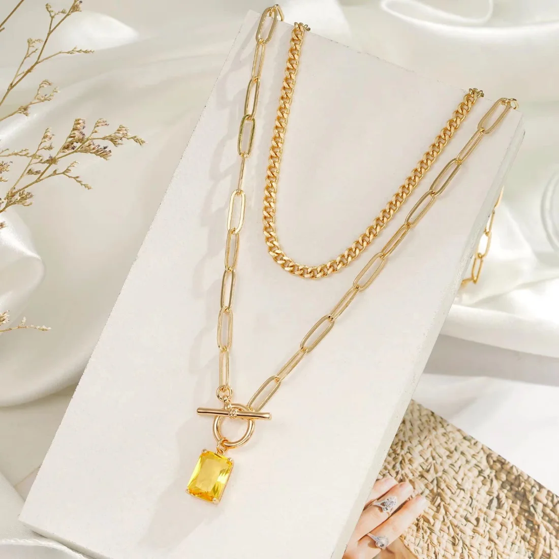Yoosteel Citrine CZ layered necklace, Gold, view 4