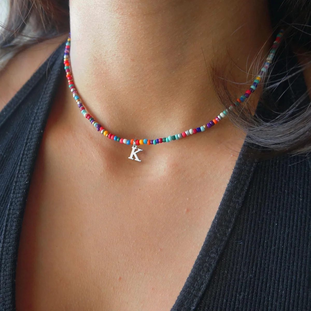 Yoosteel Colorful beaded initial necklace, White gold