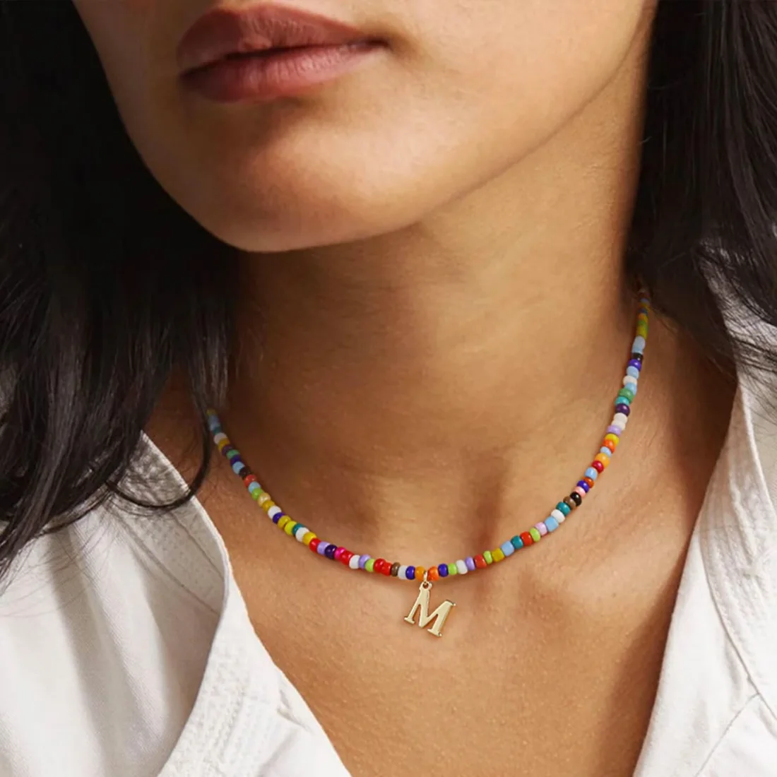 Yoosteel Colorful beaded initial necklace, Gold, view 3
