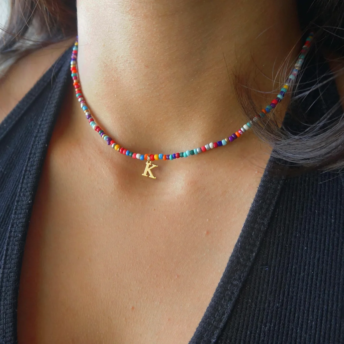 Yoosteel Colorful beaded initial necklace, Gold