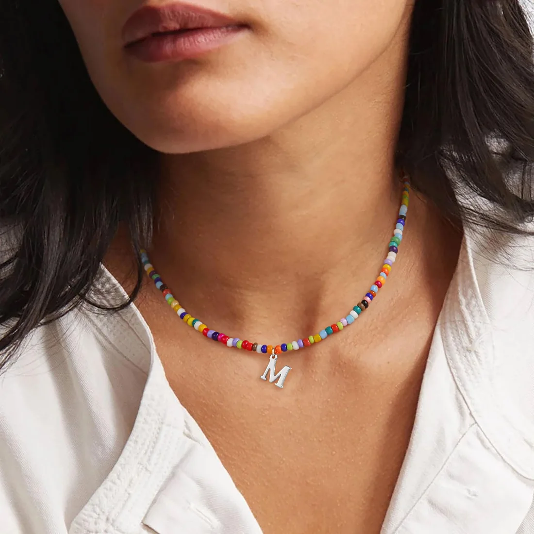 Yoosteel Colorful beaded initial necklace, White gold, view 2